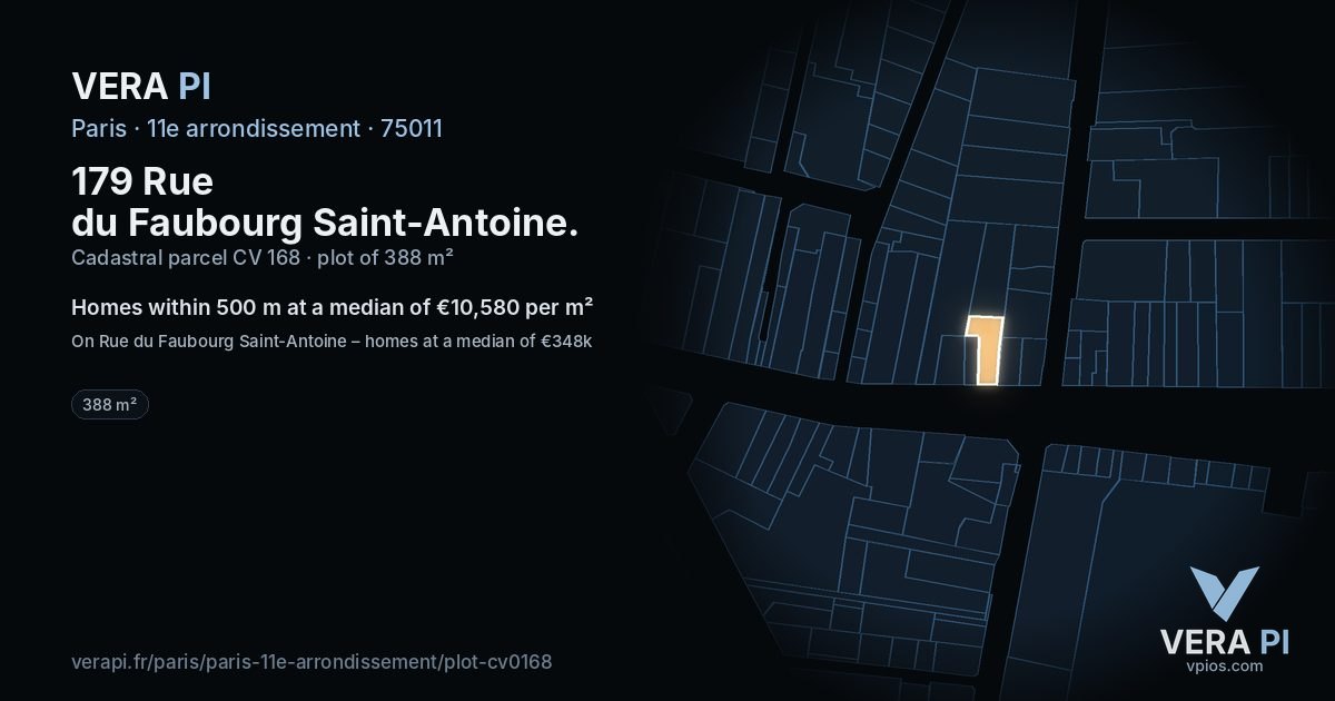 179 Rue du Faubourg Saint-Antoine, 11e arrondissement at night – the plot lit, the parcels around coloured by the prices near them