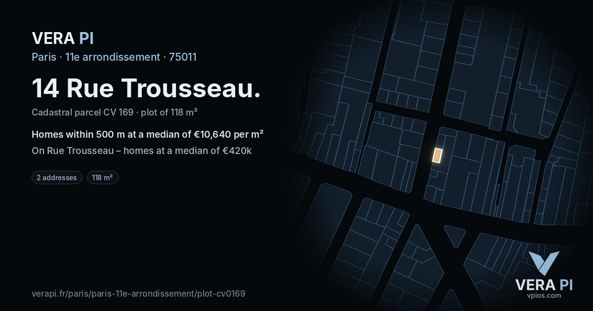 14 Rue Trousseau, 11e arrondissement at night – the plot lit, the parcels around coloured by the prices near them