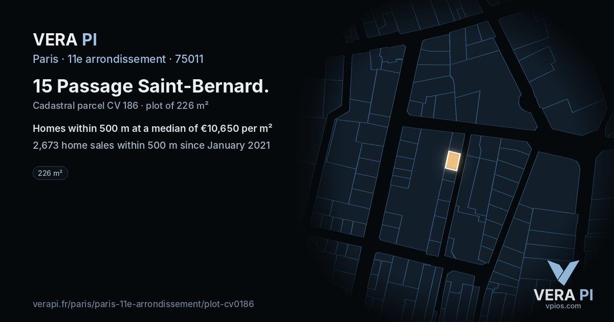 15 Passage Saint-Bernard, 11e arrondissement at night – the plot lit, the parcels around coloured by the prices near them