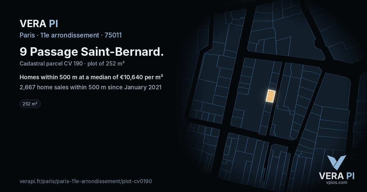 9 Passage Saint-Bernard, 11e arrondissement at night – the plot lit, the parcels around coloured by the prices near them