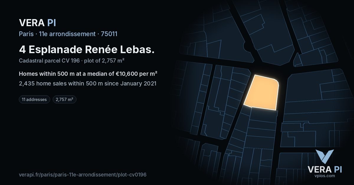 4 Esplanade Renée Lebas, 11e arrondissement at night – the plot lit, the parcels around coloured by the prices near them