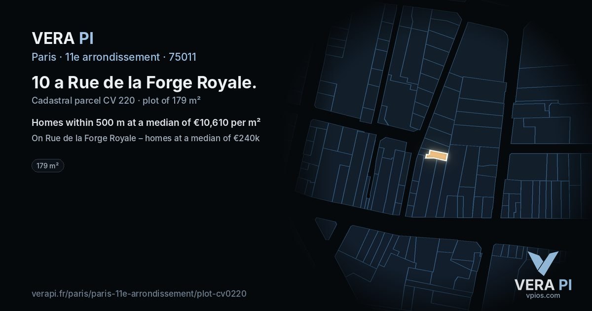 10 a Rue de la Forge Royale, 11e arrondissement at night – the plot lit, the parcels around coloured by the prices near them