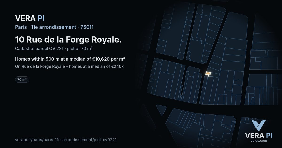 10 Rue de la Forge Royale, 11e arrondissement at night – the plot lit, the parcels around coloured by the prices near them