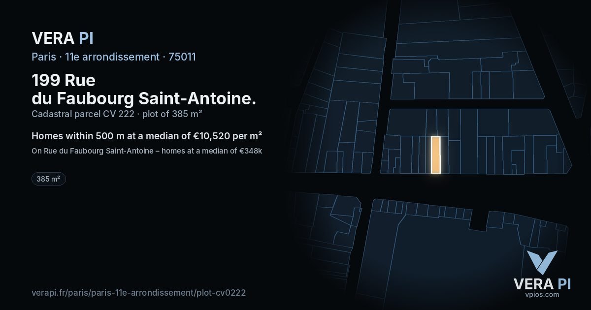 199 Rue du Faubourg Saint-Antoine, 11e arrondissement at night – the plot lit, the parcels around coloured by the prices near them
