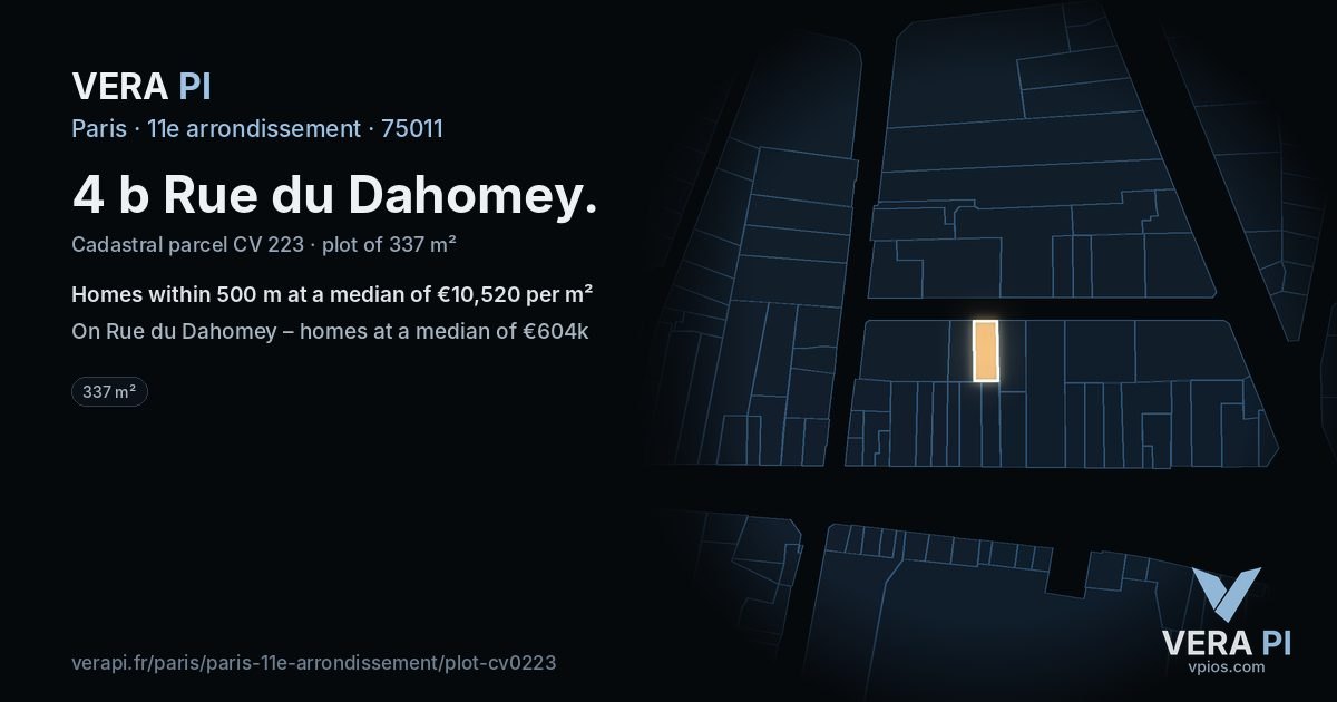 4 b Rue du Dahomey, 11e arrondissement at night – the plot lit, the parcels around coloured by the prices near them