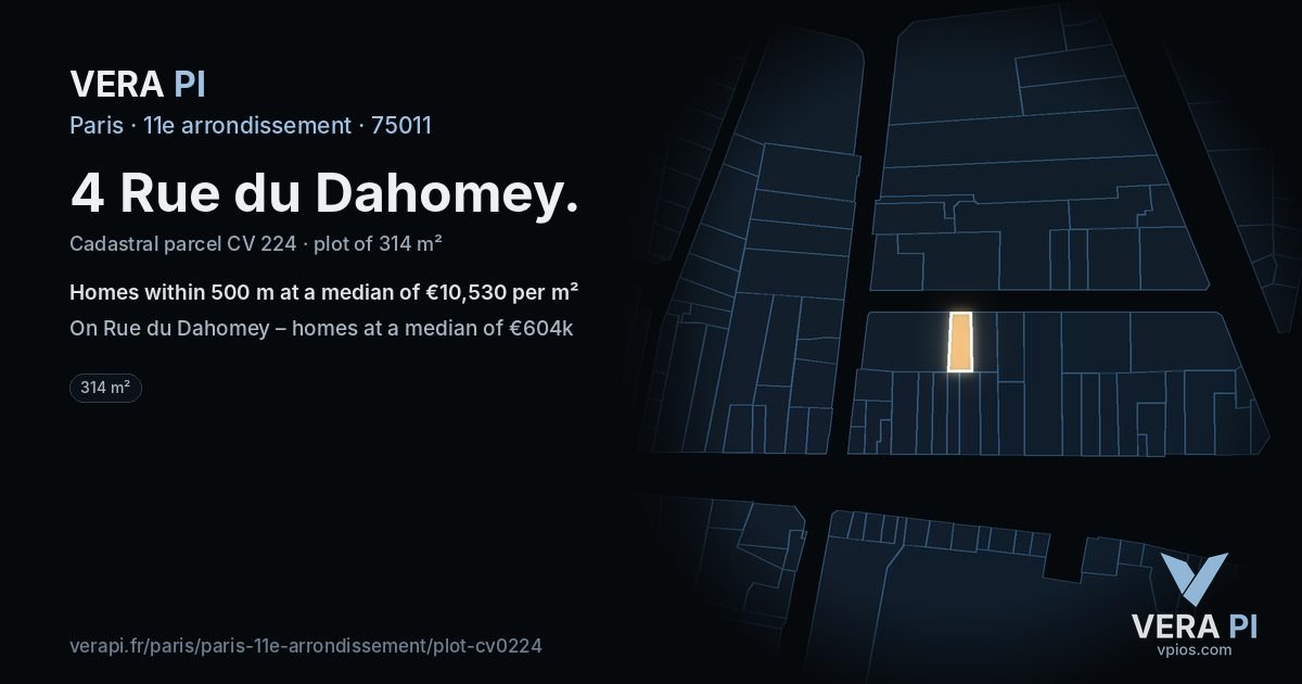 4 Rue du Dahomey, 11e arrondissement at night – the plot lit, the parcels around coloured by the prices near them