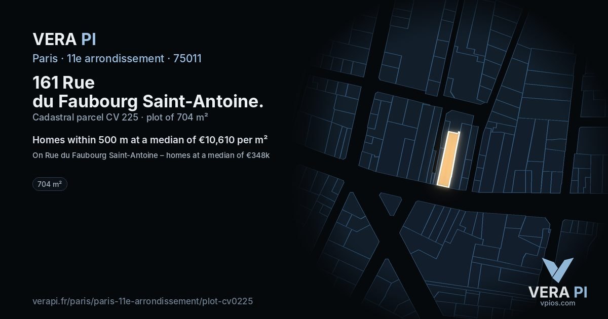 161 Rue du Faubourg Saint-Antoine, 11e arrondissement at night – the plot lit, the parcels around coloured by the prices near them