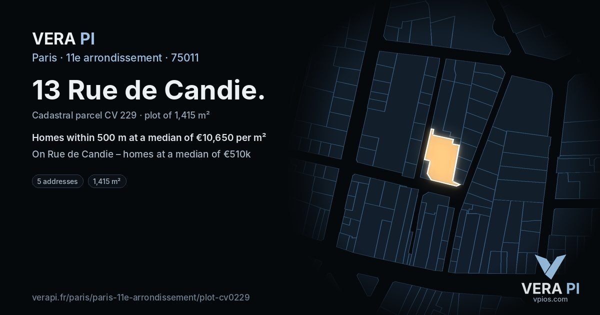 13 Rue de Candie, 11e arrondissement at night – the plot lit, the parcels around coloured by the prices near them