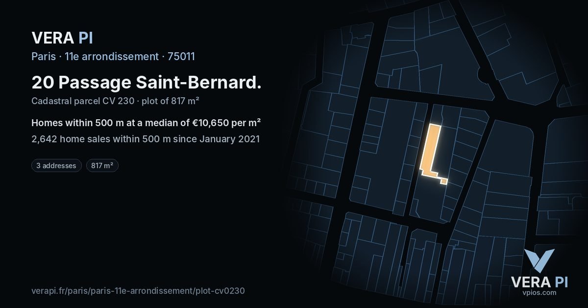 20 Passage Saint-Bernard, 11e arrondissement at night – the plot lit, the parcels around coloured by the prices near them