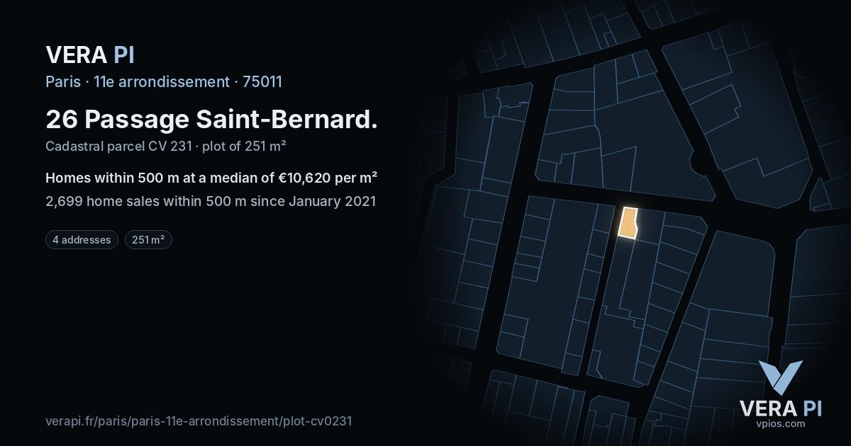 26 Passage Saint-Bernard, 11e arrondissement at night – the plot lit, the parcels around coloured by the prices near them