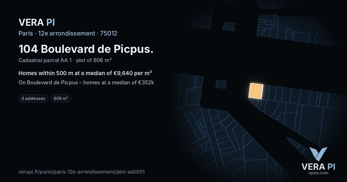 104 Boulevard de Picpus, 12e arrondissement at night – the plot lit, the parcels around coloured by the prices near them
