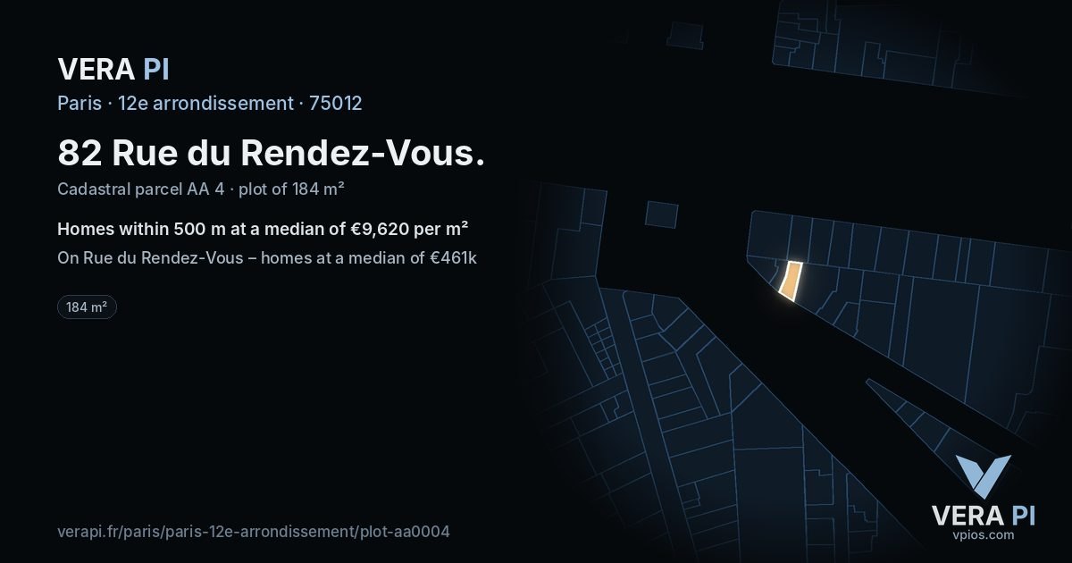 82 Rue du Rendez-Vous, 12e arrondissement at night – the plot lit, the parcels around coloured by the prices near them