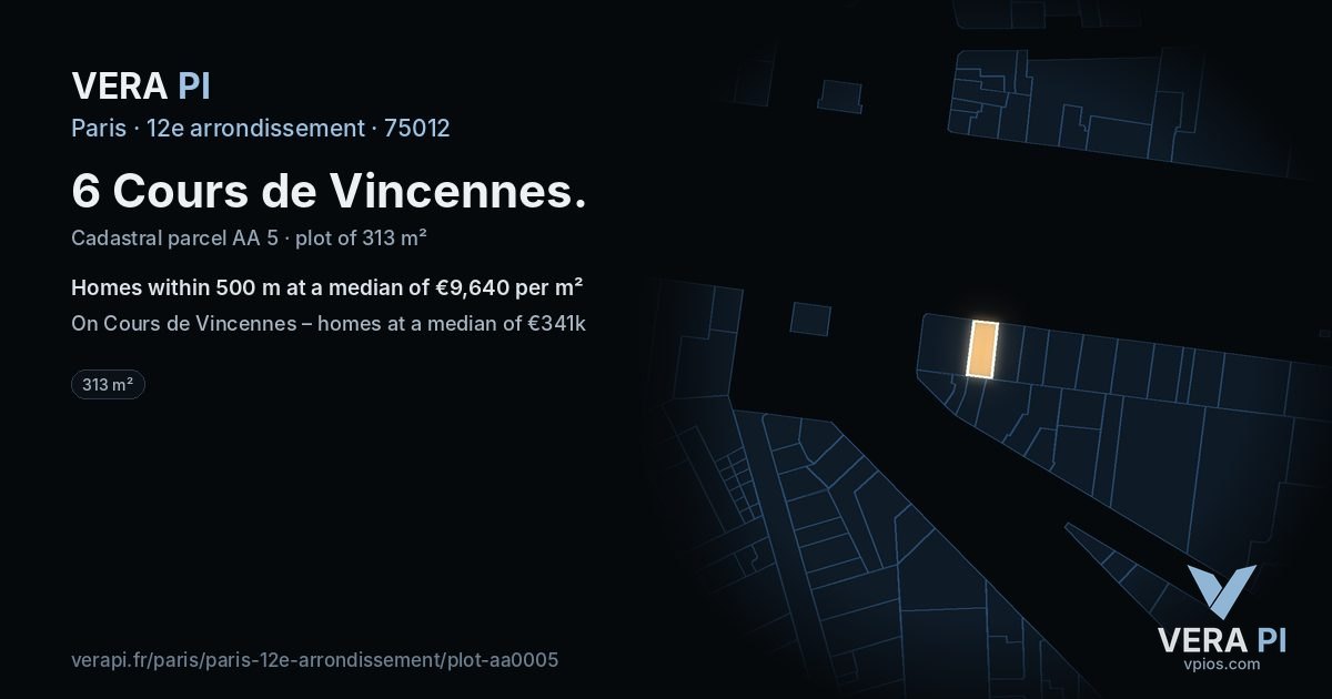 6 Cours de Vincennes, 12e arrondissement at night – the plot lit, the parcels around coloured by the prices near them