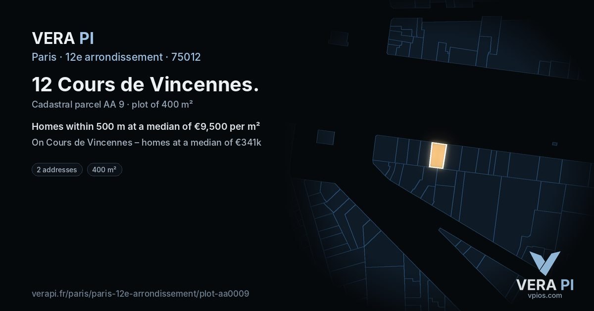 12 Cours de Vincennes, 12e arrondissement at night – the plot lit, the parcels around coloured by the prices near them