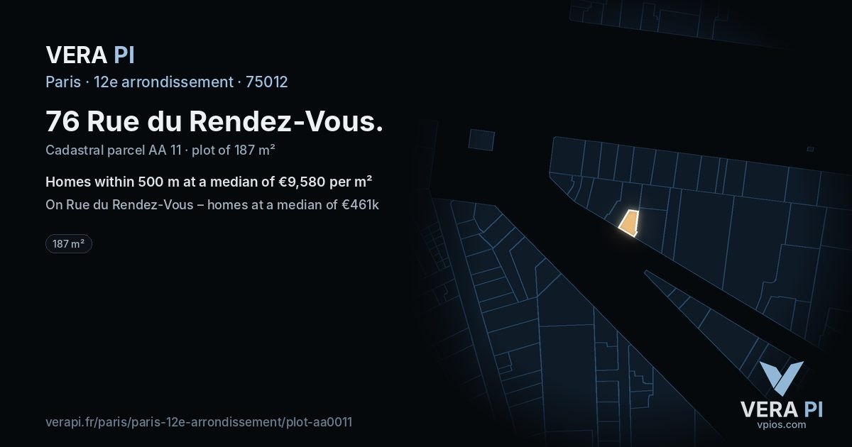 76 Rue du Rendez-Vous, 12e arrondissement at night – the plot lit, the parcels around coloured by the prices near them