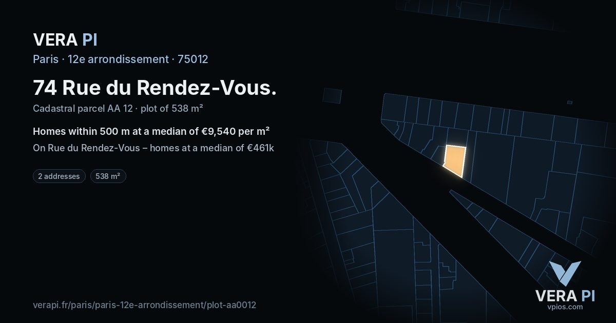 74 Rue du Rendez-Vous, 12e arrondissement at night – the plot lit, the parcels around coloured by the prices near them