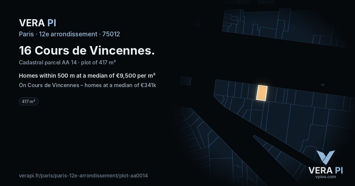 16 Cours de Vincennes, 12e arrondissement at night – the plot lit, the parcels around coloured by the prices near them