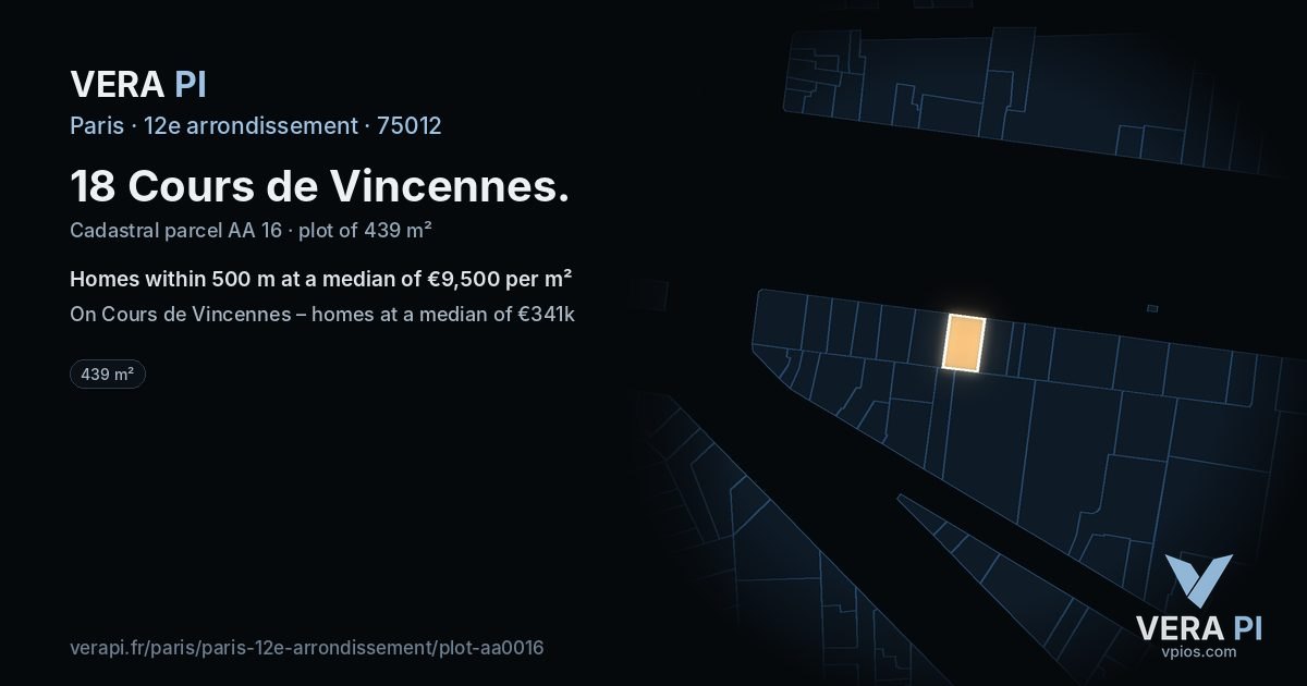 18 Cours de Vincennes, 12e arrondissement at night – the plot lit, the parcels around coloured by the prices near them
