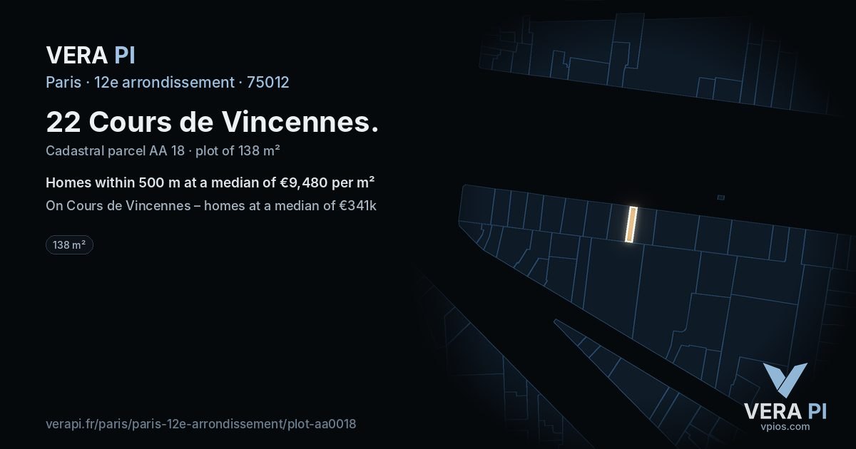 22 Cours de Vincennes, 12e arrondissement at night – the plot lit, the parcels around coloured by the prices near them