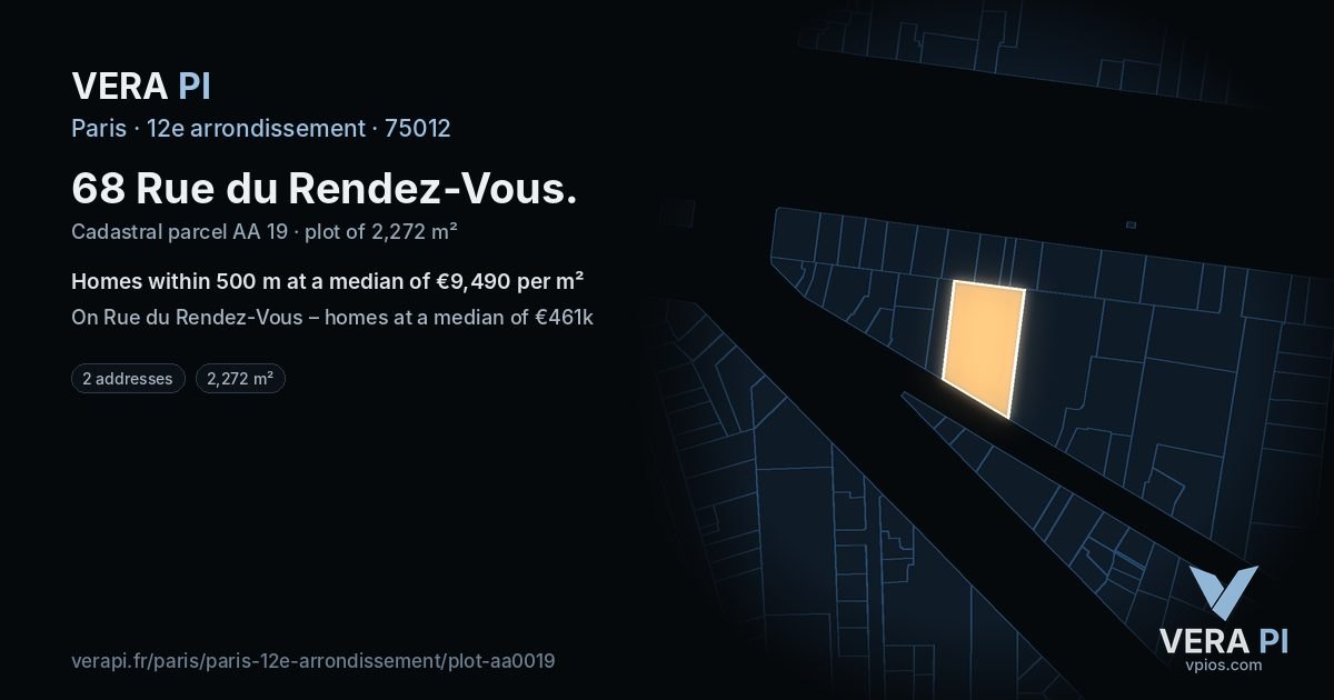 68 Rue du Rendez-Vous, 12e arrondissement at night – the plot lit, the parcels around coloured by the prices near them