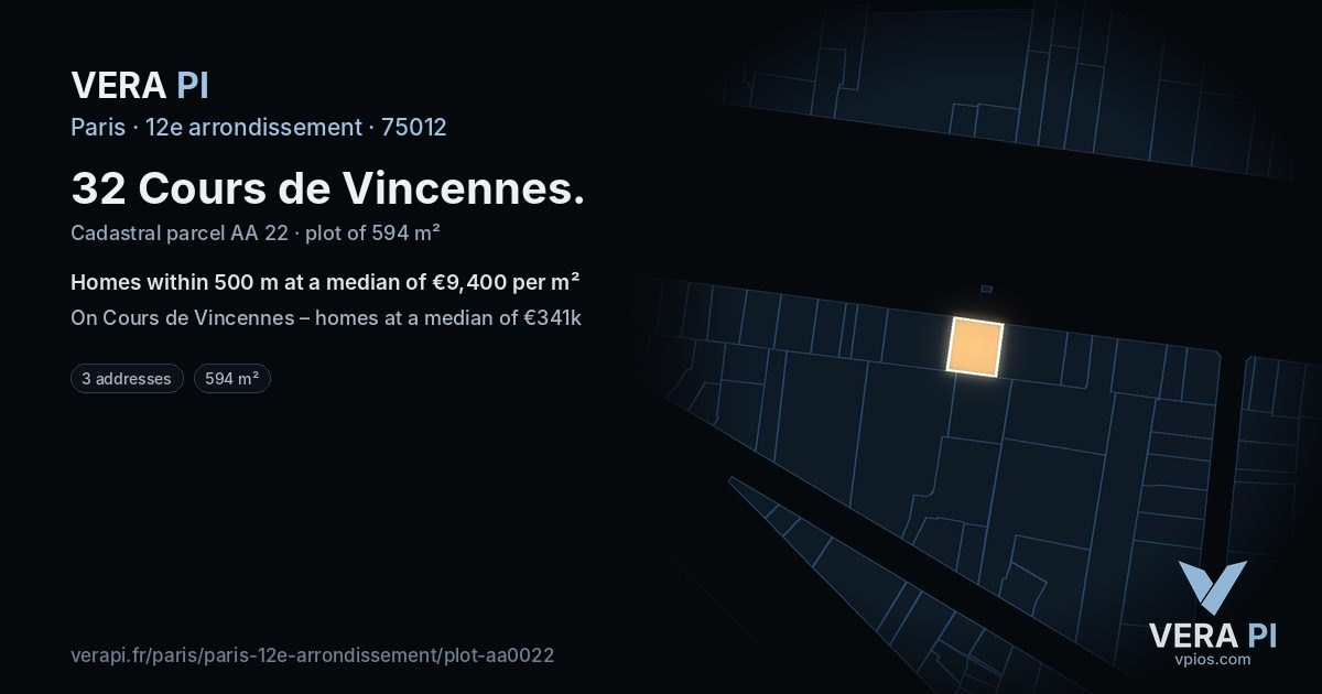 32 Cours de Vincennes, 12e arrondissement at night – the plot lit, the parcels around coloured by the prices near them