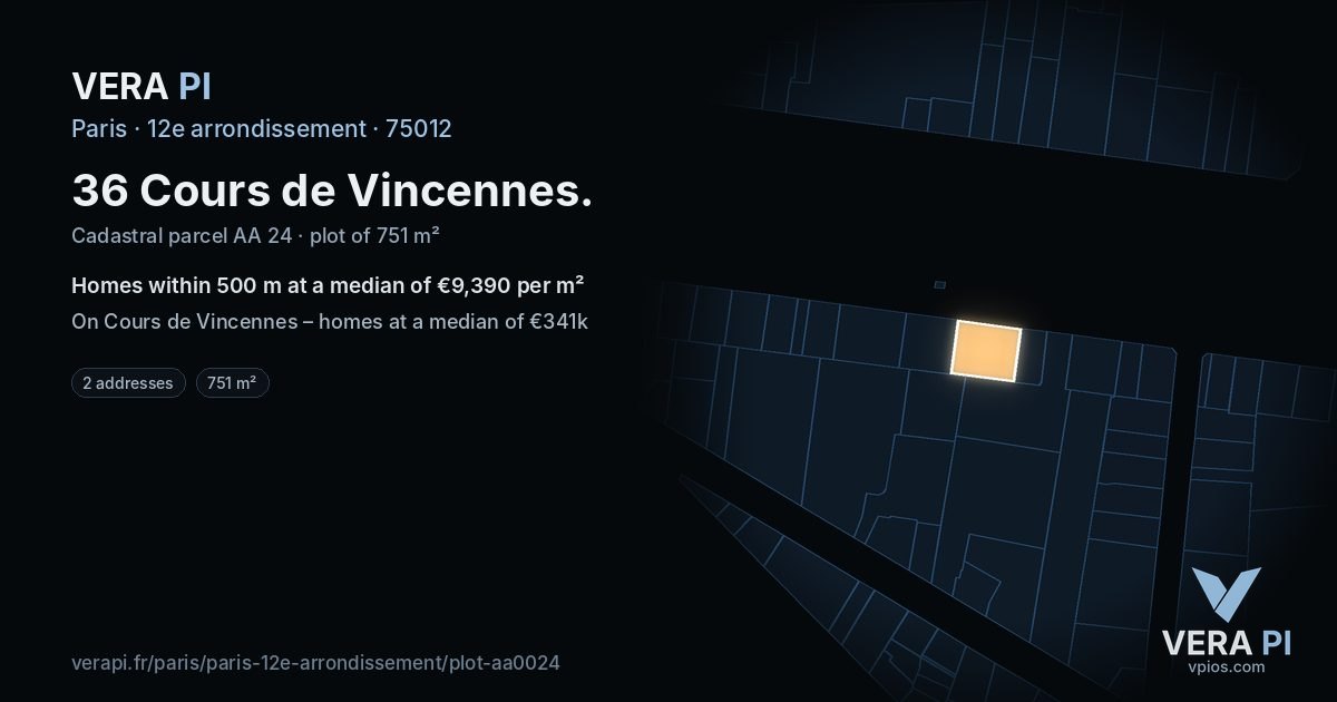 36 Cours de Vincennes, 12e arrondissement at night – the plot lit, the parcels around coloured by the prices near them