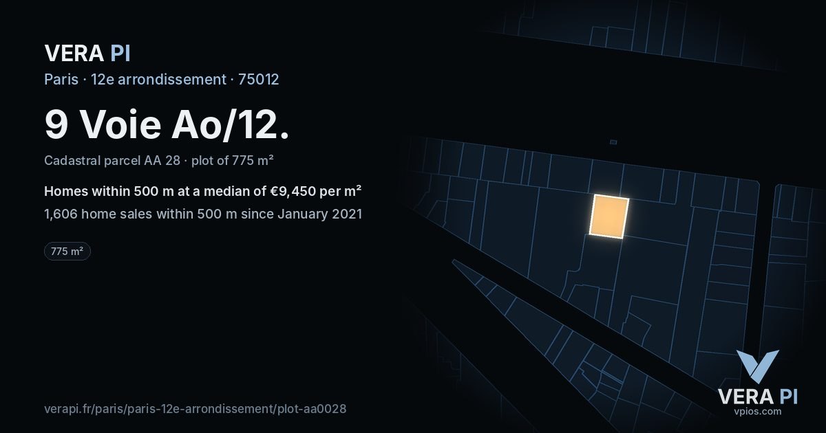 9 Voie Ao/12, 12e arrondissement at night – the plot lit, the parcels around coloured by the prices near them