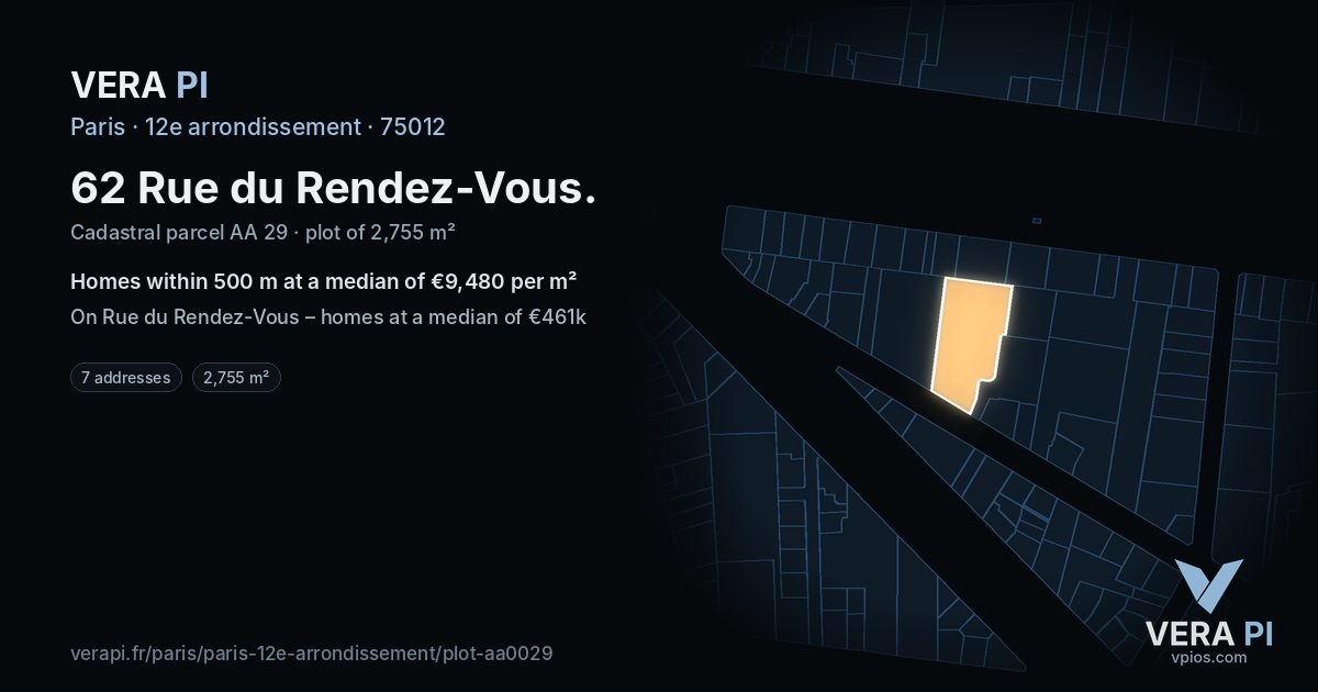 62 Rue du Rendez-Vous, 12e arrondissement at night – the plot lit, the parcels around coloured by the prices near them