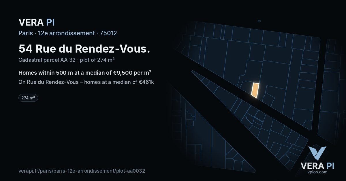 54 Rue du Rendez-Vous, 12e arrondissement at night – the plot lit, the parcels around coloured by the prices near them