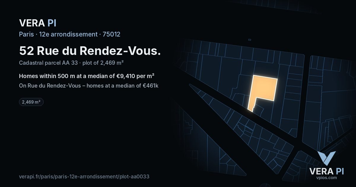 52 Rue du Rendez-Vous, 12e arrondissement at night – the plot lit, the parcels around coloured by the prices near them