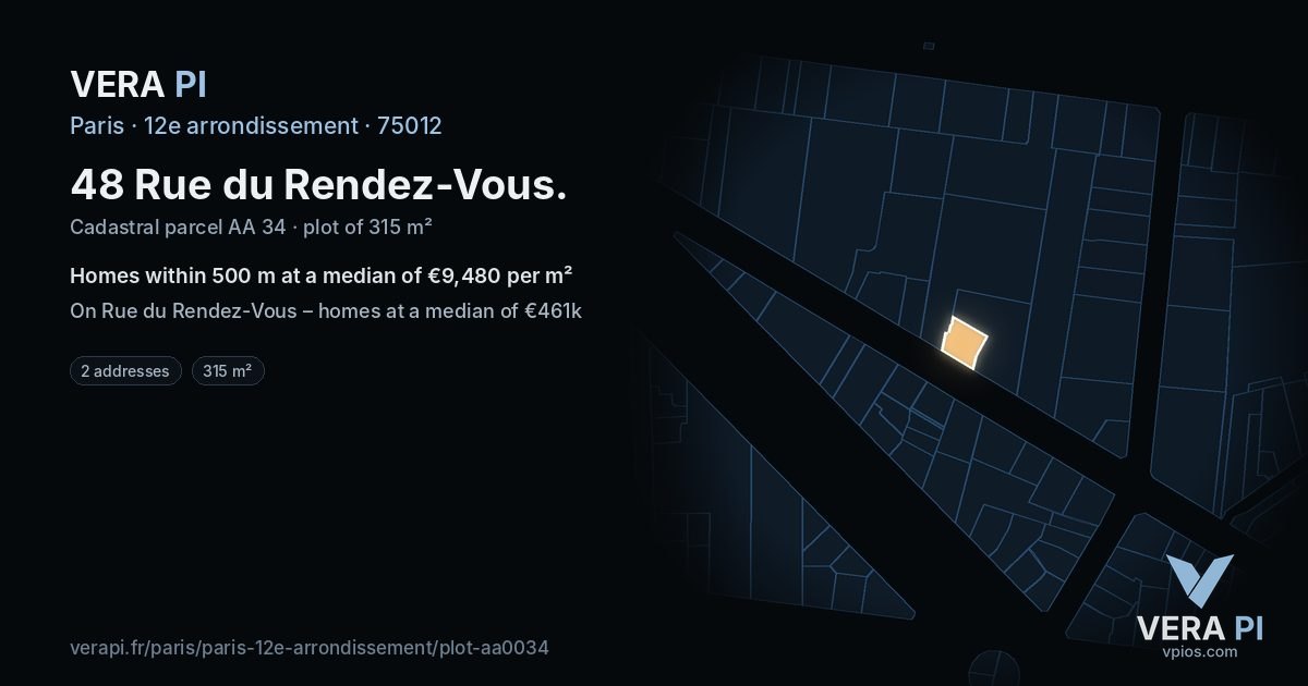 48 Rue du Rendez-Vous, 12e arrondissement at night – the plot lit, the parcels around coloured by the prices near them