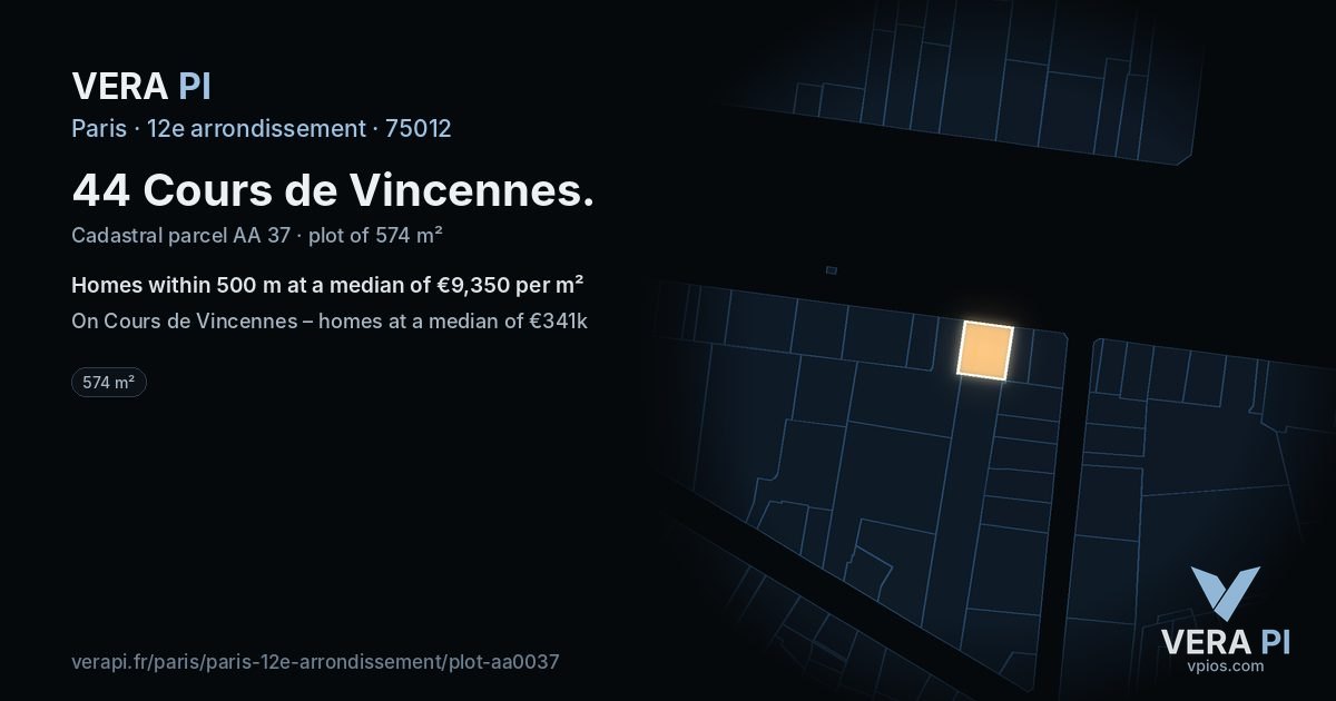 44 Cours de Vincennes, 12e arrondissement at night – the plot lit, the parcels around coloured by the prices near them
