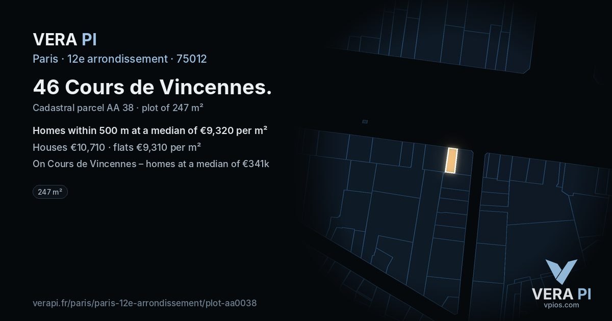 46 Cours de Vincennes, 12e arrondissement at night – the plot lit, the parcels around coloured by the prices near them