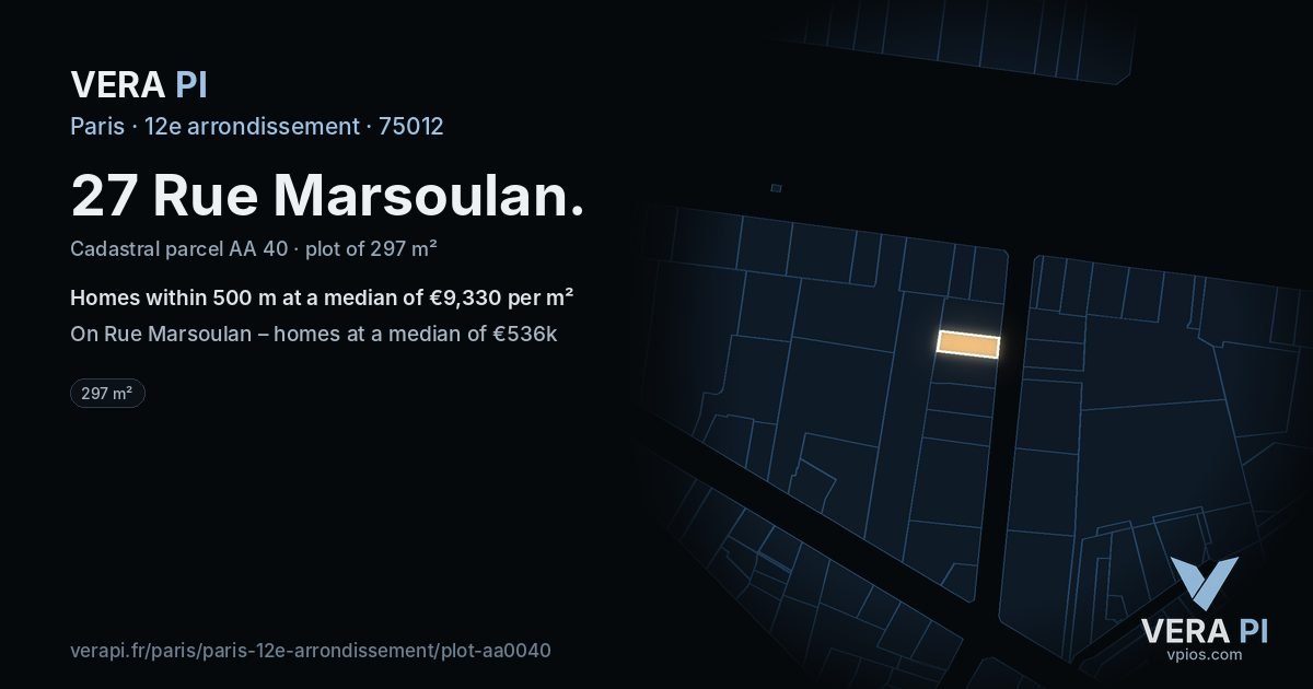 27 Rue Marsoulan, 12e arrondissement at night – the plot lit, the parcels around coloured by the prices near them
