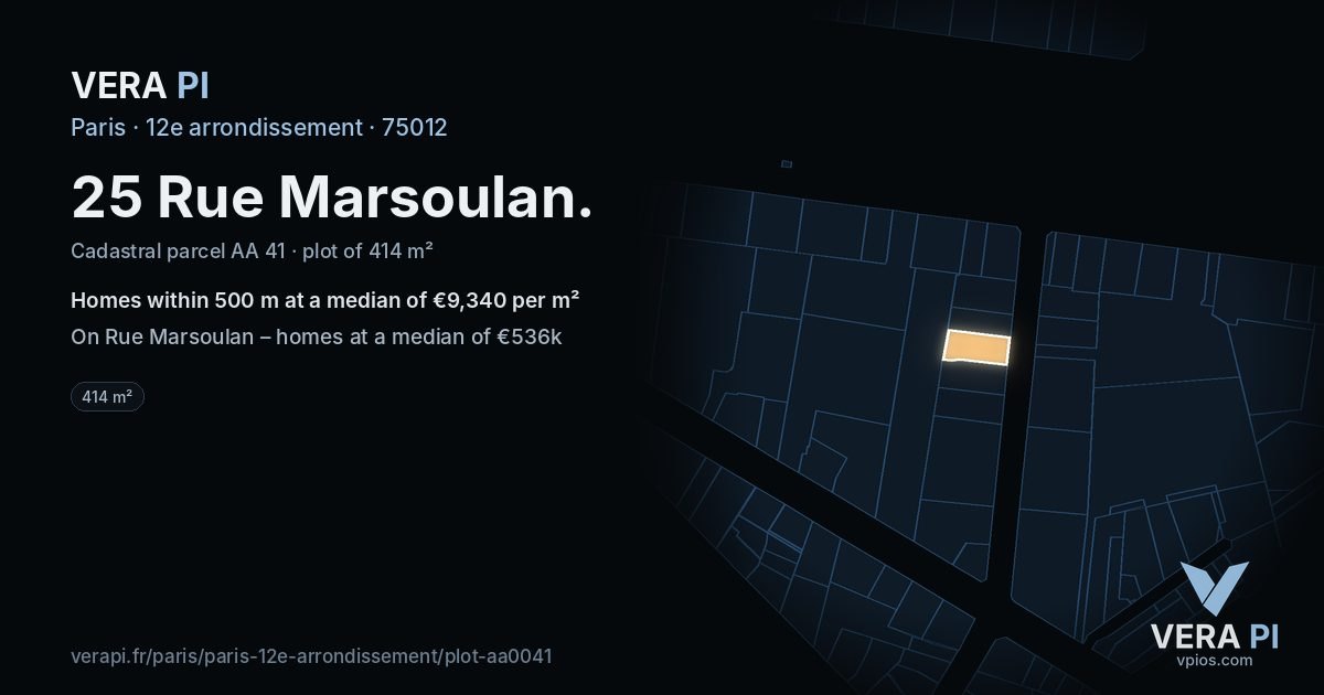 25 Rue Marsoulan, 12e arrondissement at night – the plot lit, the parcels around coloured by the prices near them