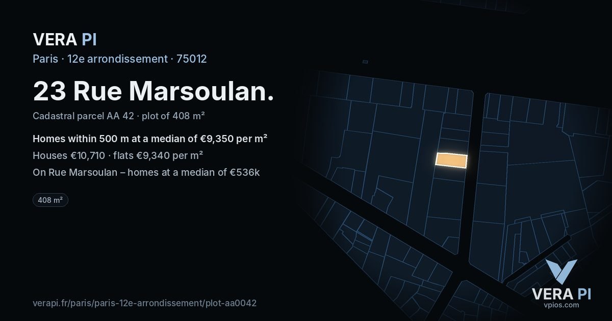 23 Rue Marsoulan, 12e arrondissement at night – the plot lit, the parcels around coloured by the prices near them