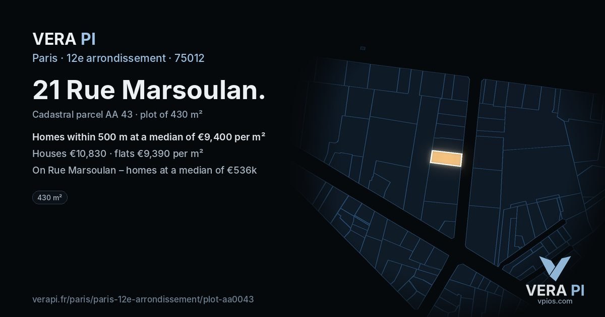 21 Rue Marsoulan, 12e arrondissement at night – the plot lit, the parcels around coloured by the prices near them