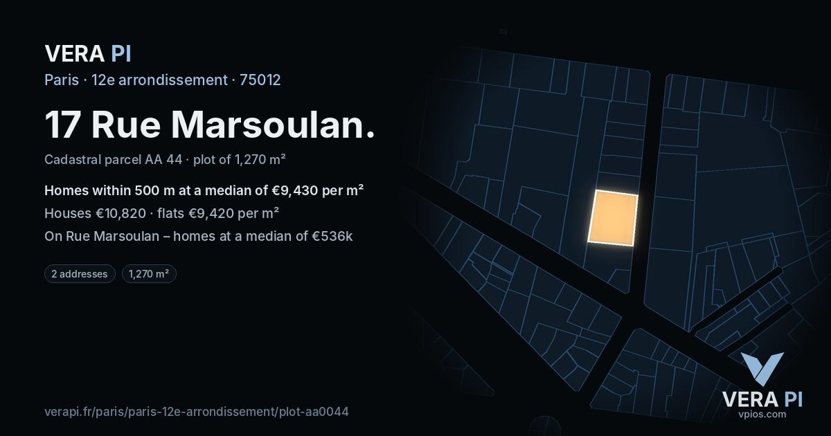 17 Rue Marsoulan, 12e arrondissement at night – the plot lit, the parcels around coloured by the prices near them