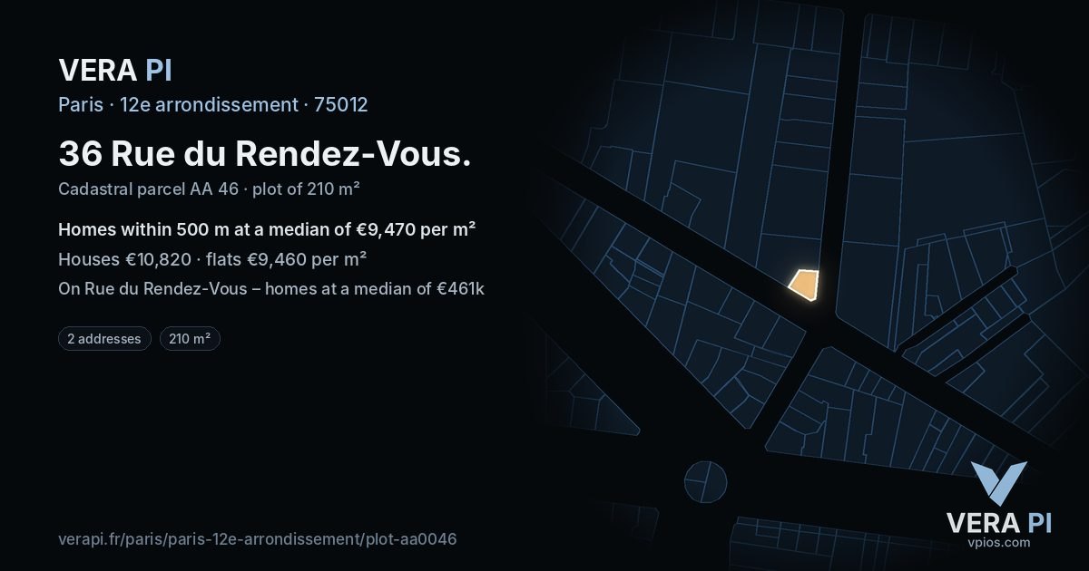 36 Rue du Rendez-Vous, 12e arrondissement at night – the plot lit, the parcels around coloured by the prices near them