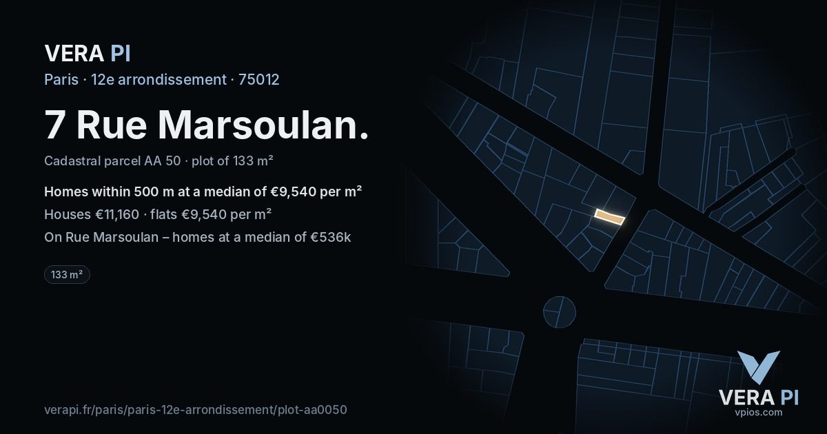 7 Rue Marsoulan, 12e arrondissement at night – the plot lit, the parcels around coloured by the prices near them
