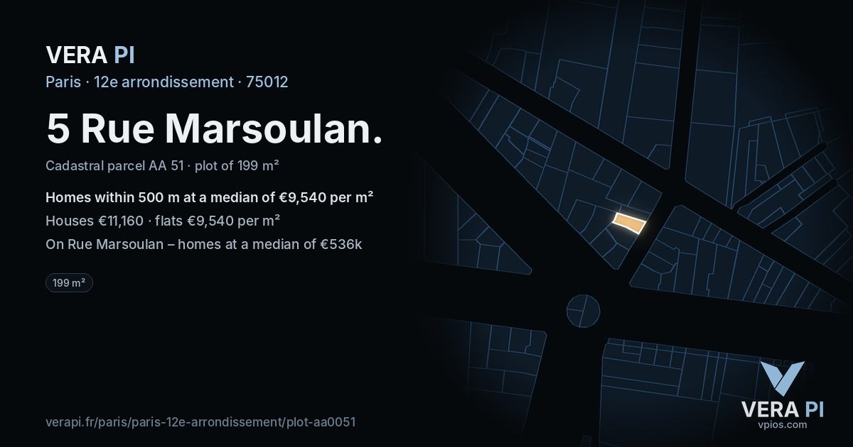 5 Rue Marsoulan, 12e arrondissement at night – the plot lit, the parcels around coloured by the prices near them