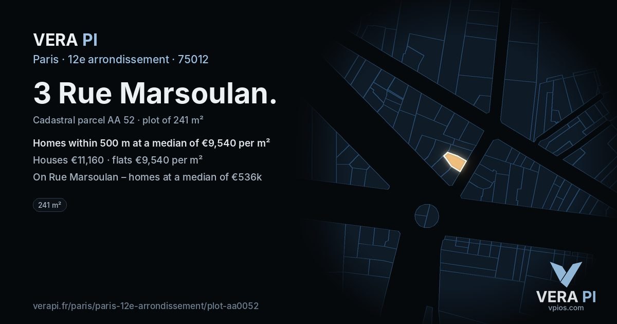 3 Rue Marsoulan, 12e arrondissement at night – the plot lit, the parcels around coloured by the prices near them