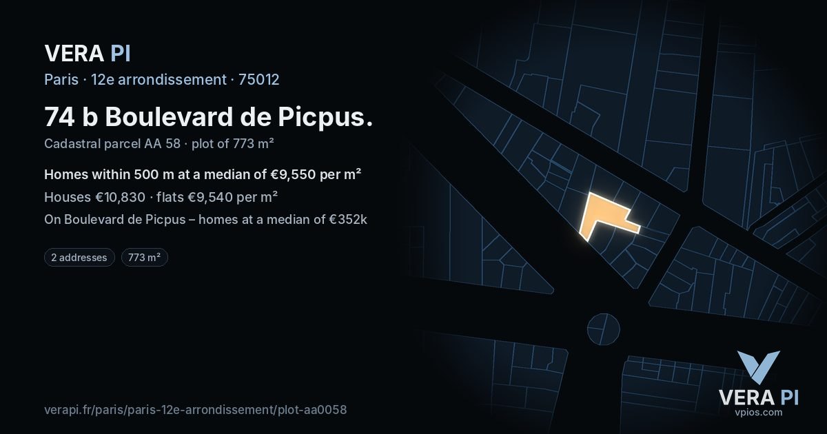 74 b Boulevard de Picpus, 12e arrondissement at night – the plot lit, the parcels around coloured by the prices near them