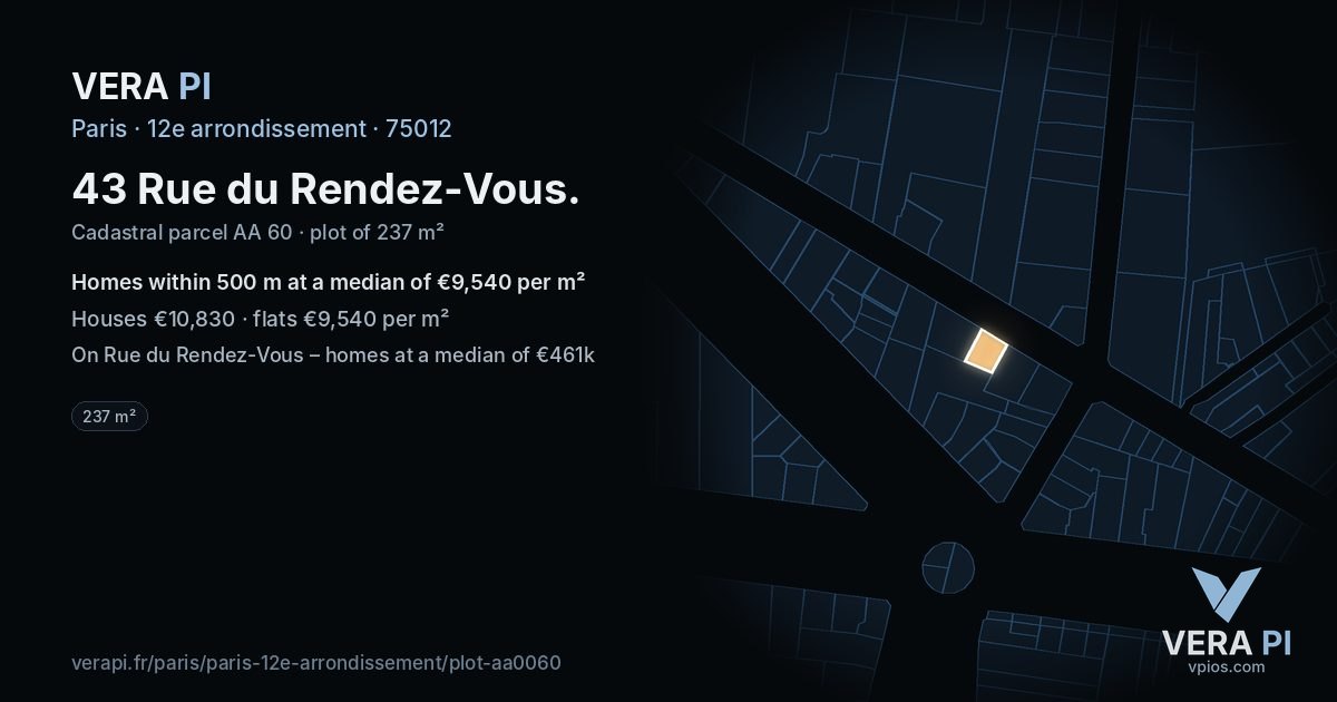 43 Rue du Rendez-Vous, 12e arrondissement at night – the plot lit, the parcels around coloured by the prices near them