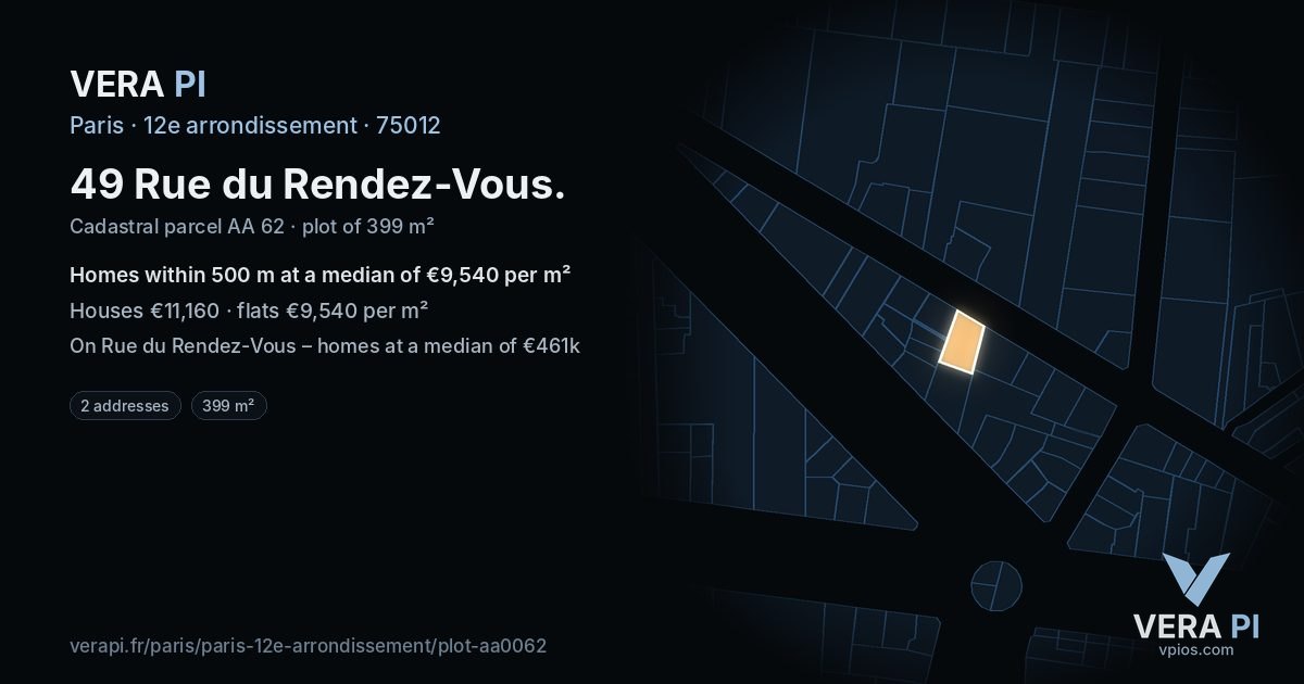 49 Rue du Rendez-Vous, 12e arrondissement at night – the plot lit, the parcels around coloured by the prices near them