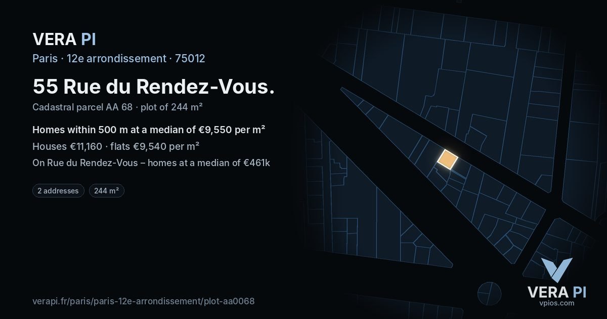 55 Rue du Rendez-Vous, 12e arrondissement at night – the plot lit, the parcels around coloured by the prices near them