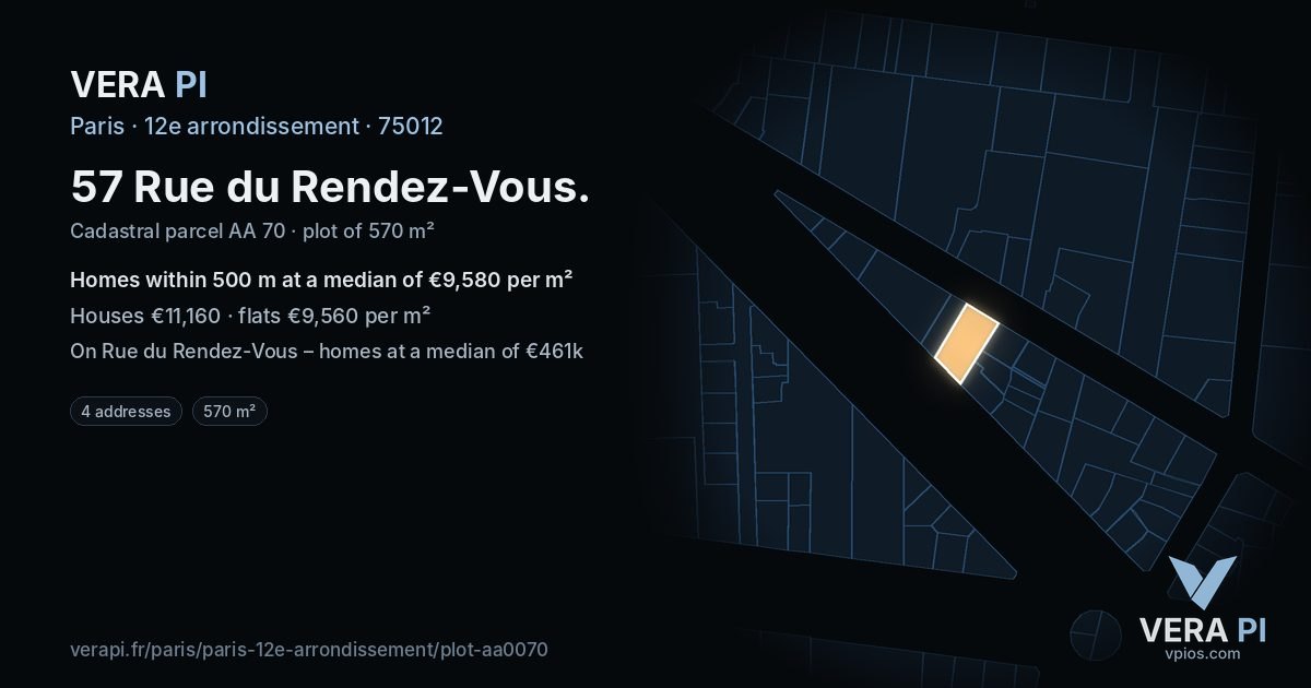 57 Rue du Rendez-Vous, 12e arrondissement at night – the plot lit, the parcels around coloured by the prices near them