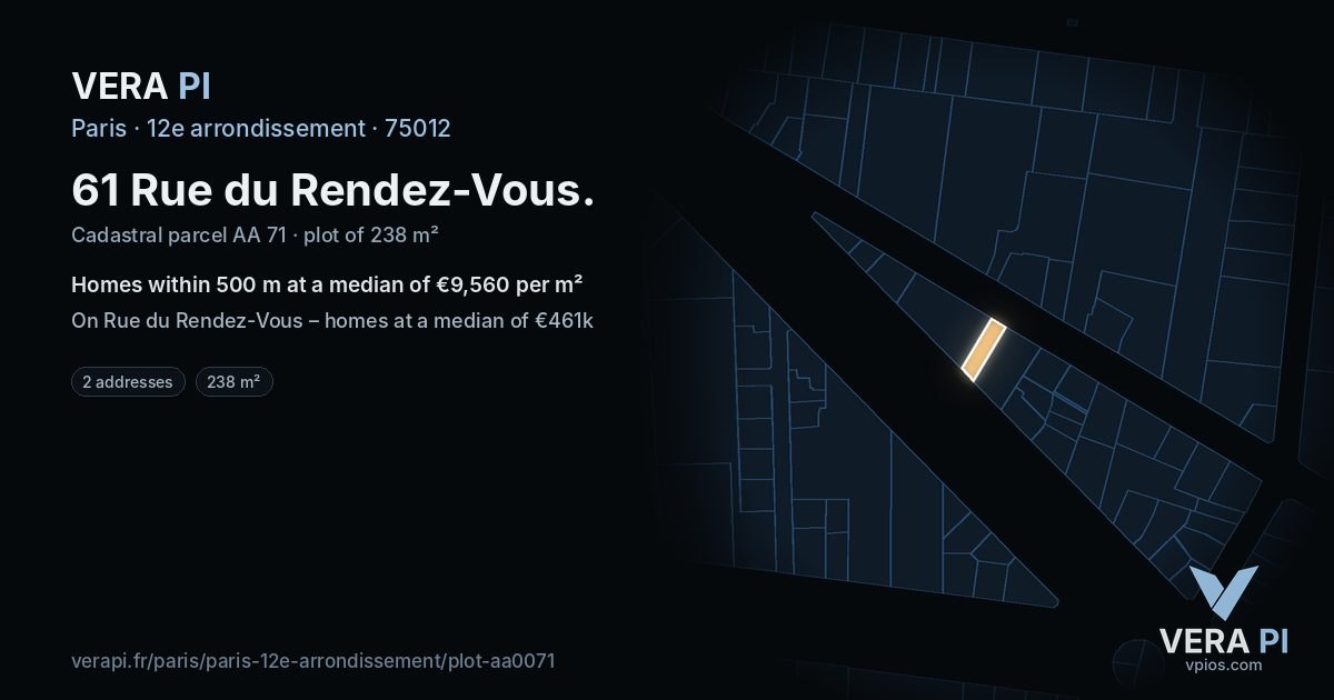 61 Rue du Rendez-Vous, 12e arrondissement at night – the plot lit, the parcels around coloured by the prices near them