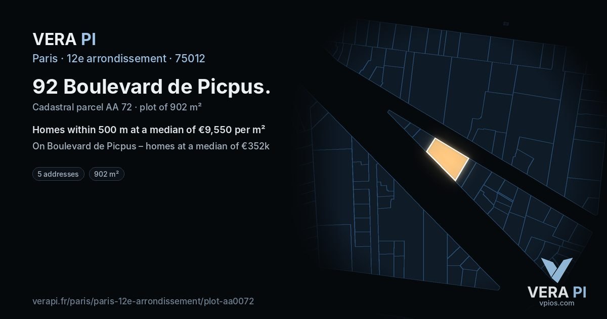 92 Boulevard de Picpus, 12e arrondissement at night – the plot lit, the parcels around coloured by the prices near them