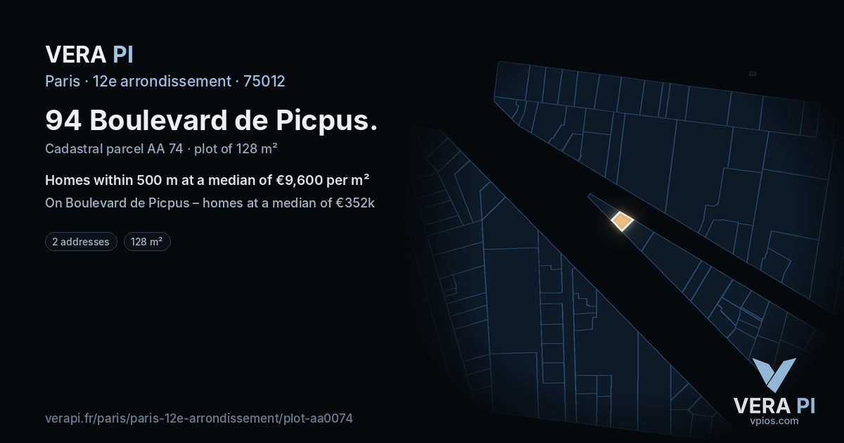 94 Boulevard de Picpus, 12e arrondissement at night – the plot lit, the parcels around coloured by the prices near them